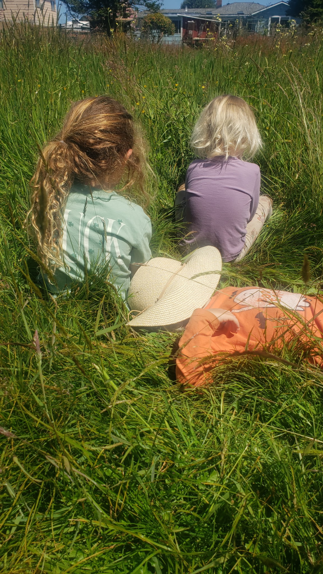 Two children sitting side by side in tall summer grass, looking out across a Humboldt County field